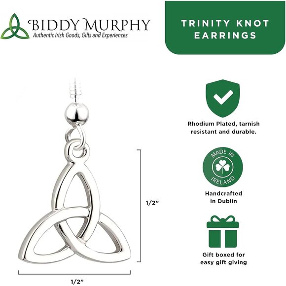 Irish Celtic Trinity Knot Silver Rhodium Plated Earrings Elegant Dangle Jewelry - Picture 2 of 9